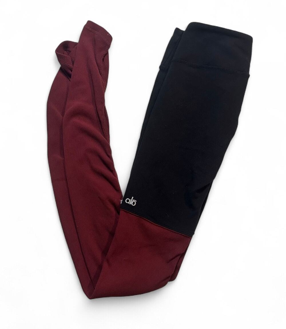 Alo Yoga Goddess Leggings Women Black Burgundy Ribbed Colorblock 35” Inseam
